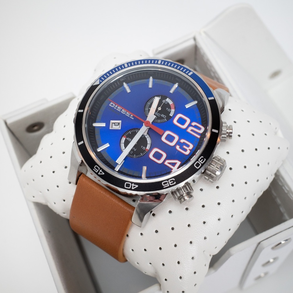 Diesel Double Down 48 Chronograph Blue Dial Batman Bezel Watch - DZ4322